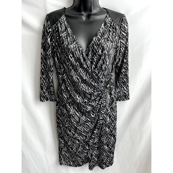 Thalia Sodi Surplice Faux Wrap Dress Leather Inserts Midi M Black Classy Career - Picture 1 of 11